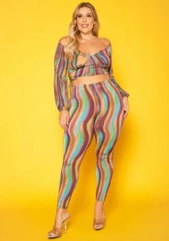Plus Size Aura Color Pattern Crop Top & Legging Set