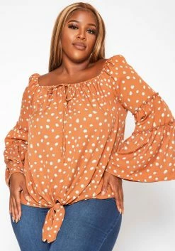 Plus Size Polka Dotted Flare Sleeve Top