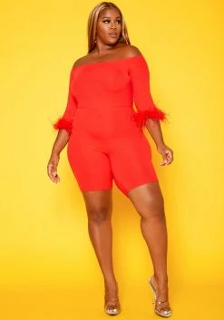 Plus Size Feather Trim Off Shoulder Bodycon Romper 6 Plus Size Feather Trim Off Shoulder Bodycon Romper -Asoph Sales Shop 2018789 110 0