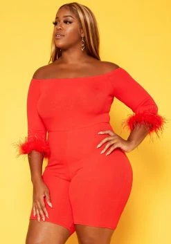Plus Size Feather Trim Off Shoulder Bodycon Romper 7 Plus Size Feather Trim Off Shoulder Bodycon Romper -Asoph Sales Shop 2018789 110 2