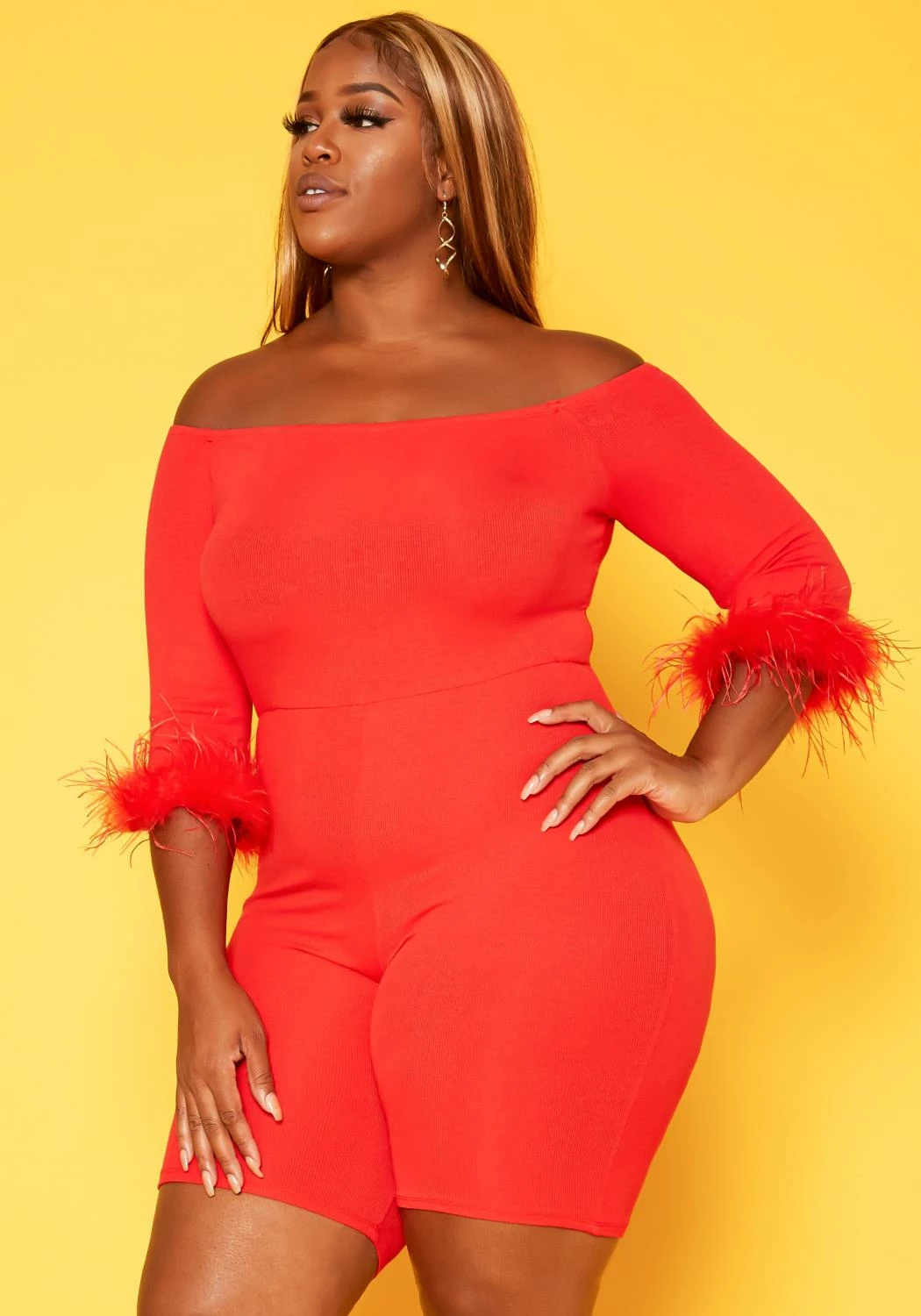 Plus Size Feather Trim Off Shoulder Bodycon Romper 3 Plus Size Feather Trim Off Shoulder Bodycon Romper - Image 3