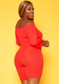 Plus Size Feather Trim Off Shoulder Bodycon Romper 8 Plus Size Feather Trim Off Shoulder Bodycon Romper -Asoph Sales Shop 2018789 110 3