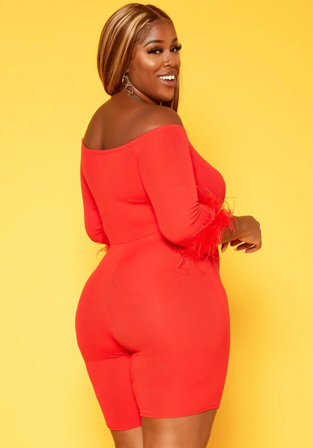 Plus Size Feather Trim Off Shoulder Bodycon Romper 4 Plus Size Feather Trim Off Shoulder Bodycon Romper - Image 4