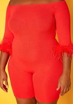Plus Size Feather Trim Off Shoulder Bodycon Romper 9 Plus Size Feather Trim Off Shoulder Bodycon Romper -Asoph Sales Shop 2018789 110 4