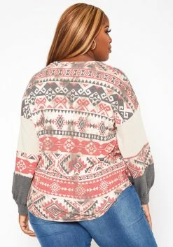 Plus Size Aztec Print Tie Front Sweater -Asoph Sales Shop 2018799 110 2