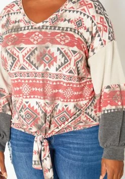 Plus Size Aztec Print Tie Front Sweater -Asoph Sales Shop 2018799 110 3