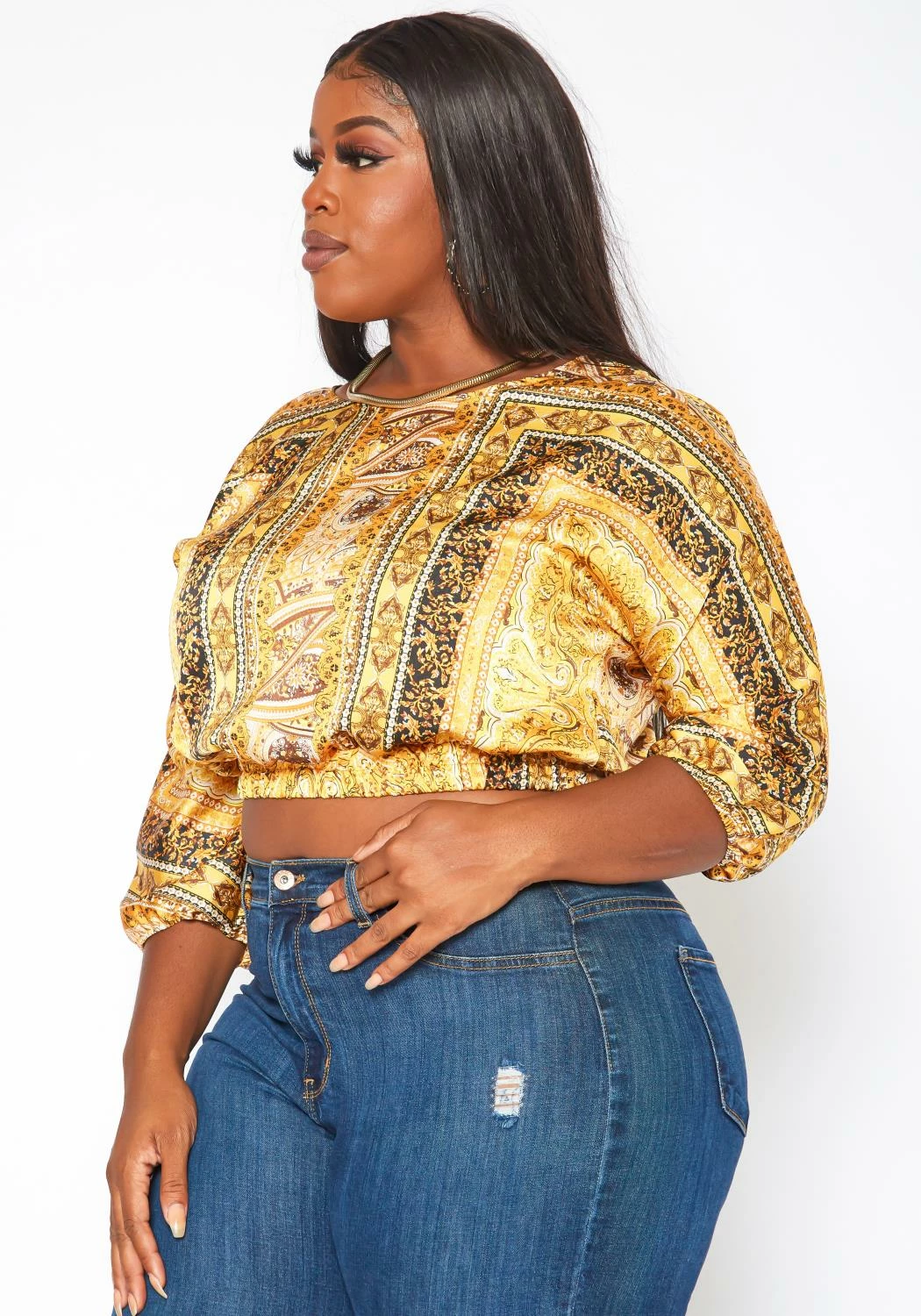 Plus Size Brocade Print Satin Blouse 3 Plus Size Brocade Print Satin Blouse - Image 3