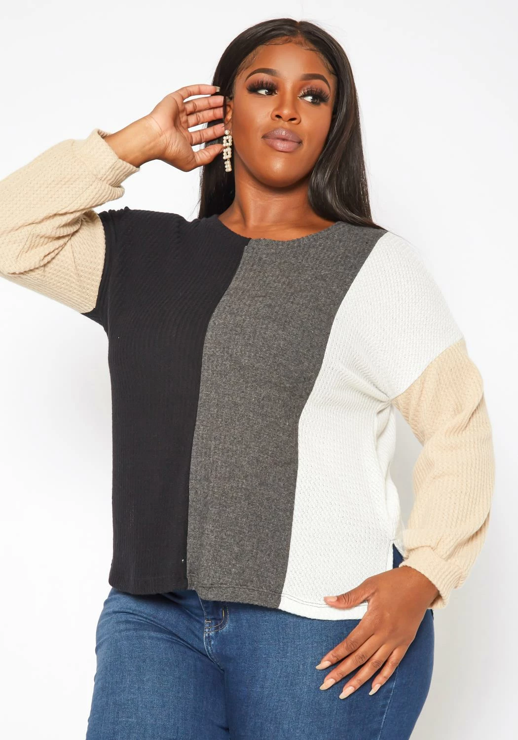 Plus Size Color Block Waffle Knit Sweater 1 Plus Size Color Block Waffle Knit Sweater