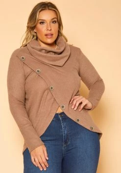 Plus Size Waffle Knit Funnel Neck Sweater