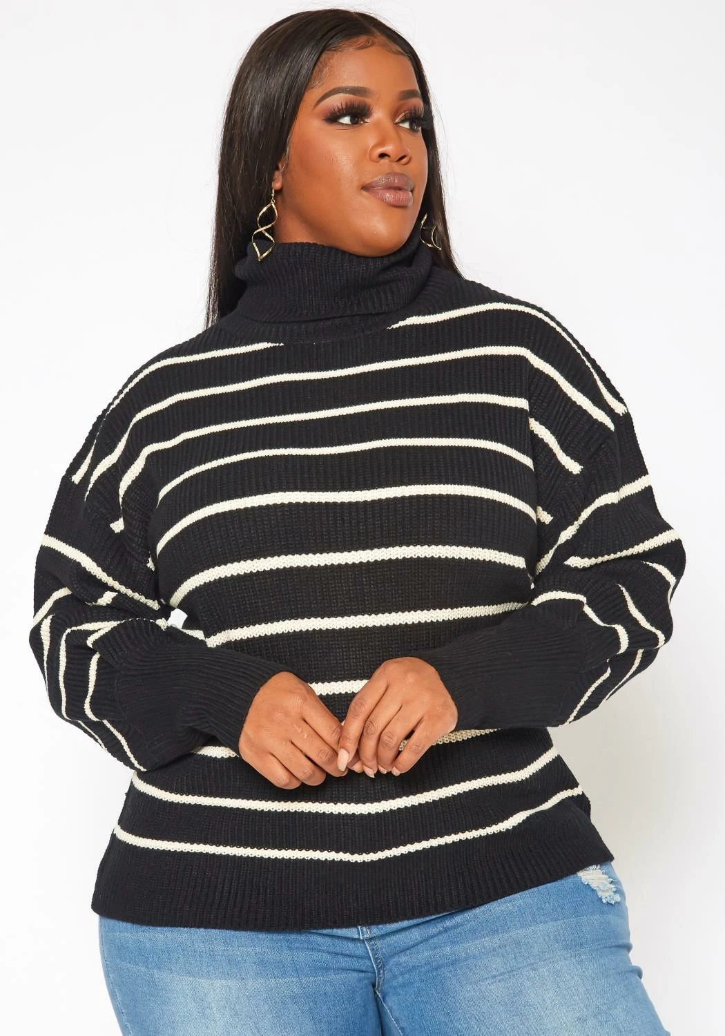 Plus Size Striped Print Turtleneck Sweater 2 Plus Size Striped Print Turtleneck Sweater - Image 2