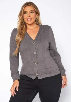 Plus Size Cable Knit Button Front Cardigan