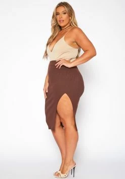 Plus Size High Waist Ribbed Midi Skirt -Asoph Sales Shop 2019063 181 2