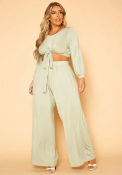 Plus Size Tie Front Crop Top & Pants Set