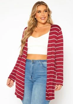 Plus Size Striped Open Front Cardigan
