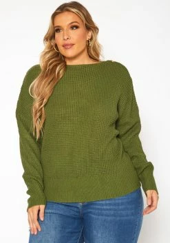 Plus Size Waffle Knit Zipper Hem Sweater