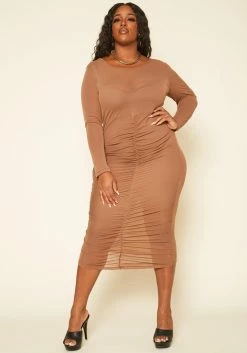 Plus Size Ruched Mesh Bodycon Midi Dress