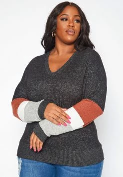 Plus Size Color Block Long Sleeve Sweater