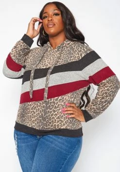 Plus Size Leopard Print Color Block Hooded Sweater