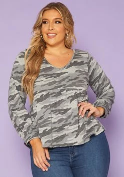 Plus Size Camo Print Long Sleeve Top
