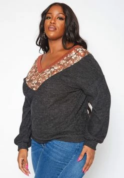 Plus Size Floral Print V Neck Long Sleeve Top -Asoph Sales Shop 2019283 108 2
