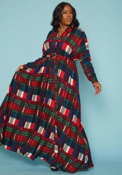 Plus Size Plaid Button Front Collar Maxi Dress