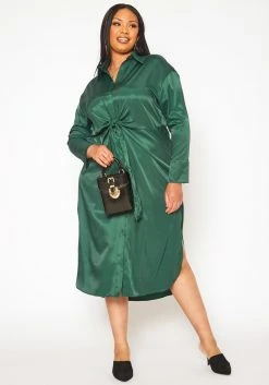 Plus Size Satin Button Front Midi Dress