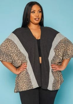 Plus Size Leopard Print Color Block Cardigan