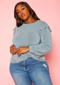 Plus Size Ruffle Trim Long Sleeve Top