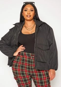Plus Size Solid Puffer Jacket