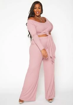 Plus Size Ribbed Knit Long Sleeve Top & Pants Set