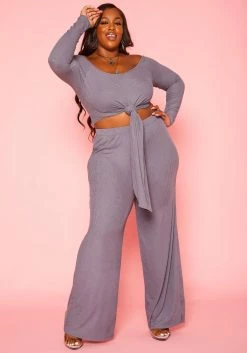 Plus Size Ribbed Knit Long Sleeve Top & Pants Set