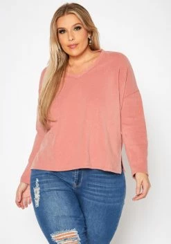 Plus Size Basic V Neck Long Sleeve Top