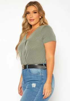 Plus Size Ribbed V Neck Short Sleeve Bodysuit -Asoph Sales Shop 2019551 125 2