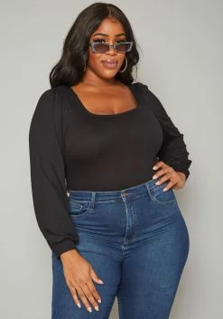 Plus Size Ribbed Square Neck Long Sleeve Bodysuit