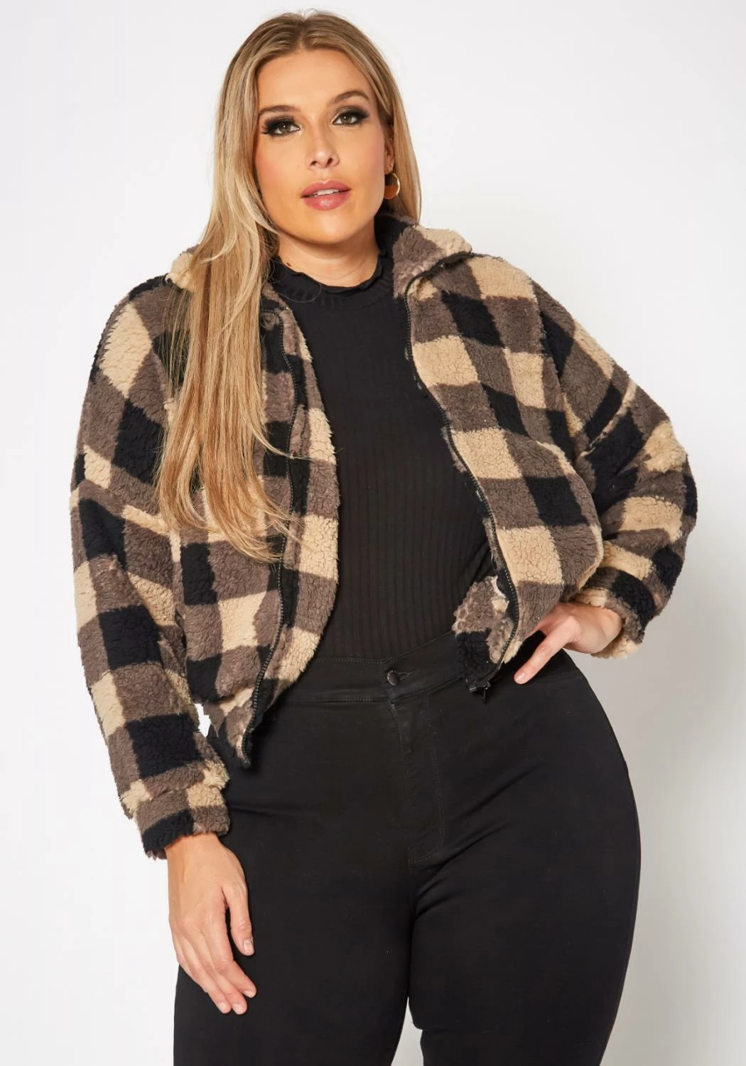 Plus Size Faux Fur Plaid Zip Front Sweater 1 Plus Size Faux Fur Plaid Zip Front Sweater