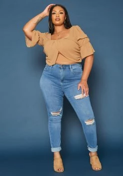Vibrant Plus Size Distressed Mid Rise Skinny Jean