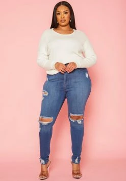 Vibrant Plus Size Distressed Skinny Denim Jeans