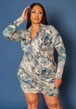 Plus Size Marble Pattern Collar Mini Dress