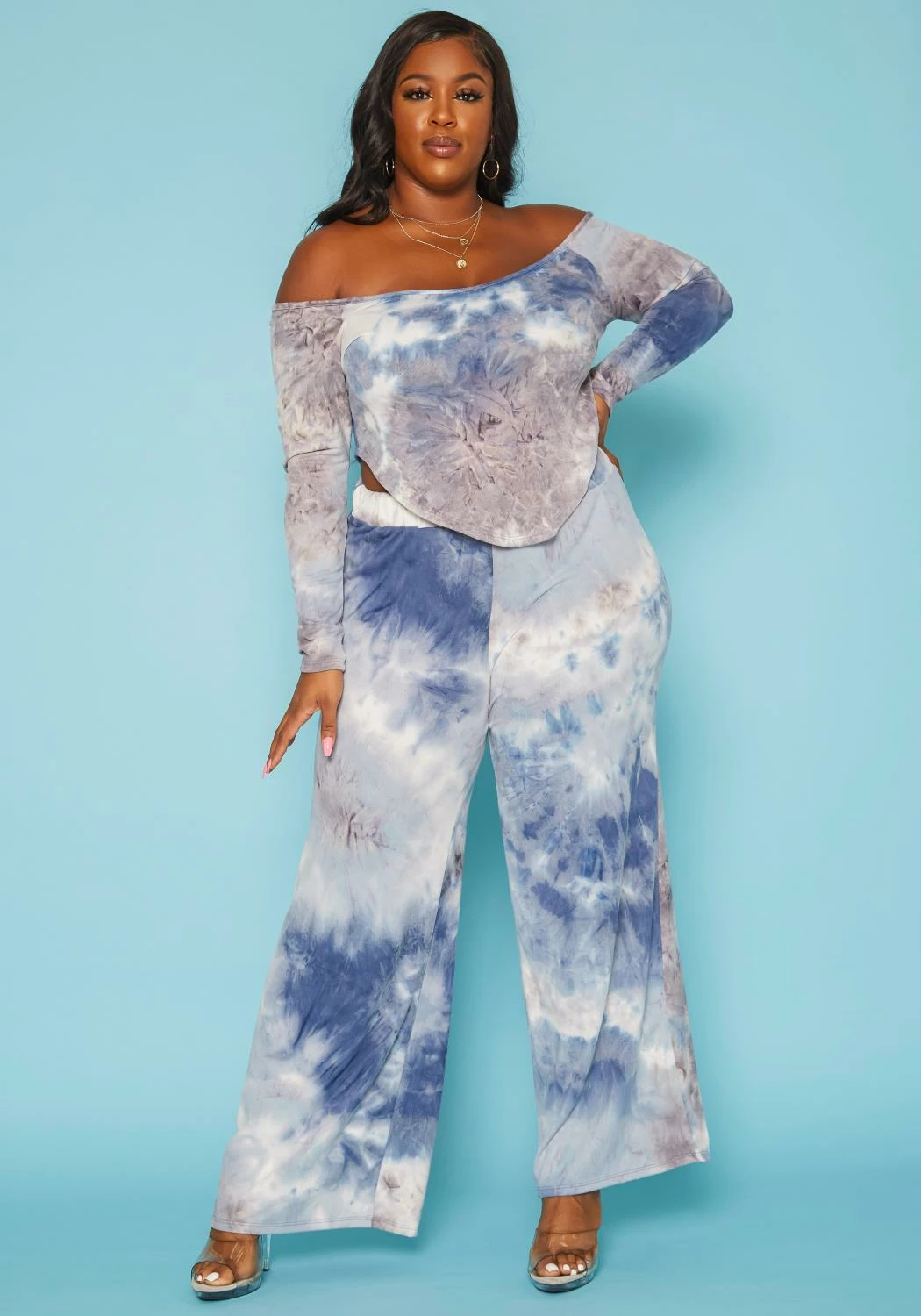 Plus Size Multi Print Crop Top & Flare Pants Set 1 Plus Size Multi Print Crop Top & Flare Pants Set