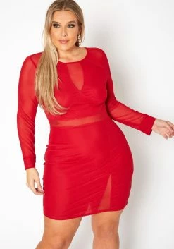 Plus Size Mesh Contrast Long Sleeve Mini Dress