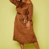 Plus Size Leopard Print Belted Satin Midi Dress