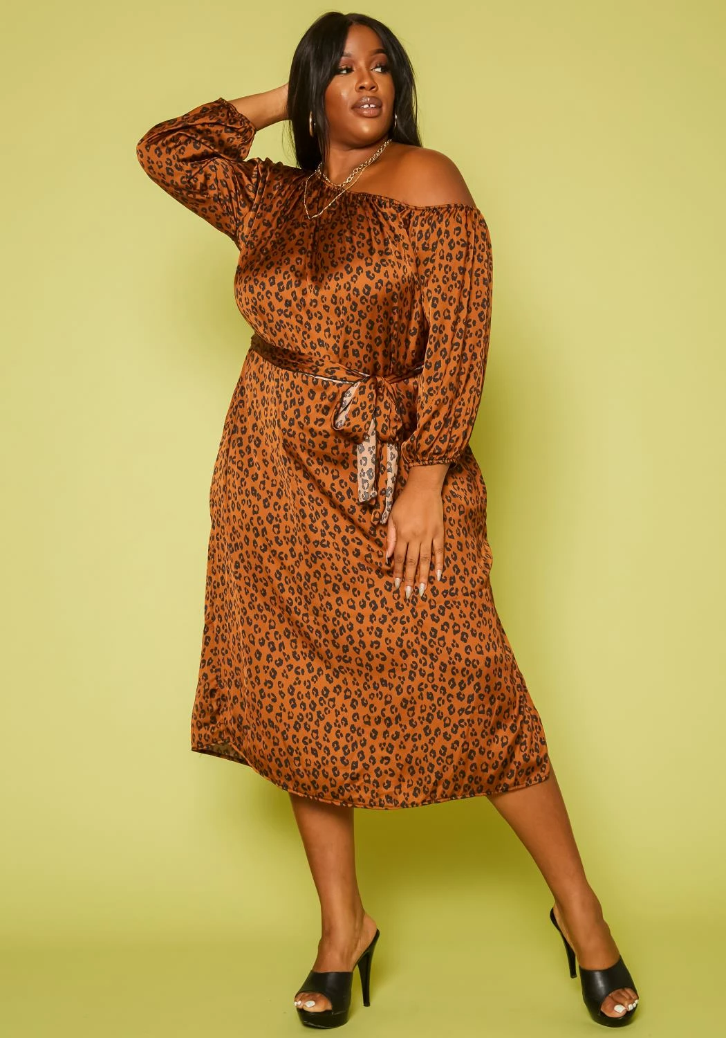Plus Size Leopard Print Belted Satin Midi Dress 1 Plus Size Leopard Print Belted Satin Midi Dress