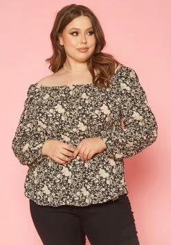 Plus Size Vintage Floral Print Off Shoulder Top