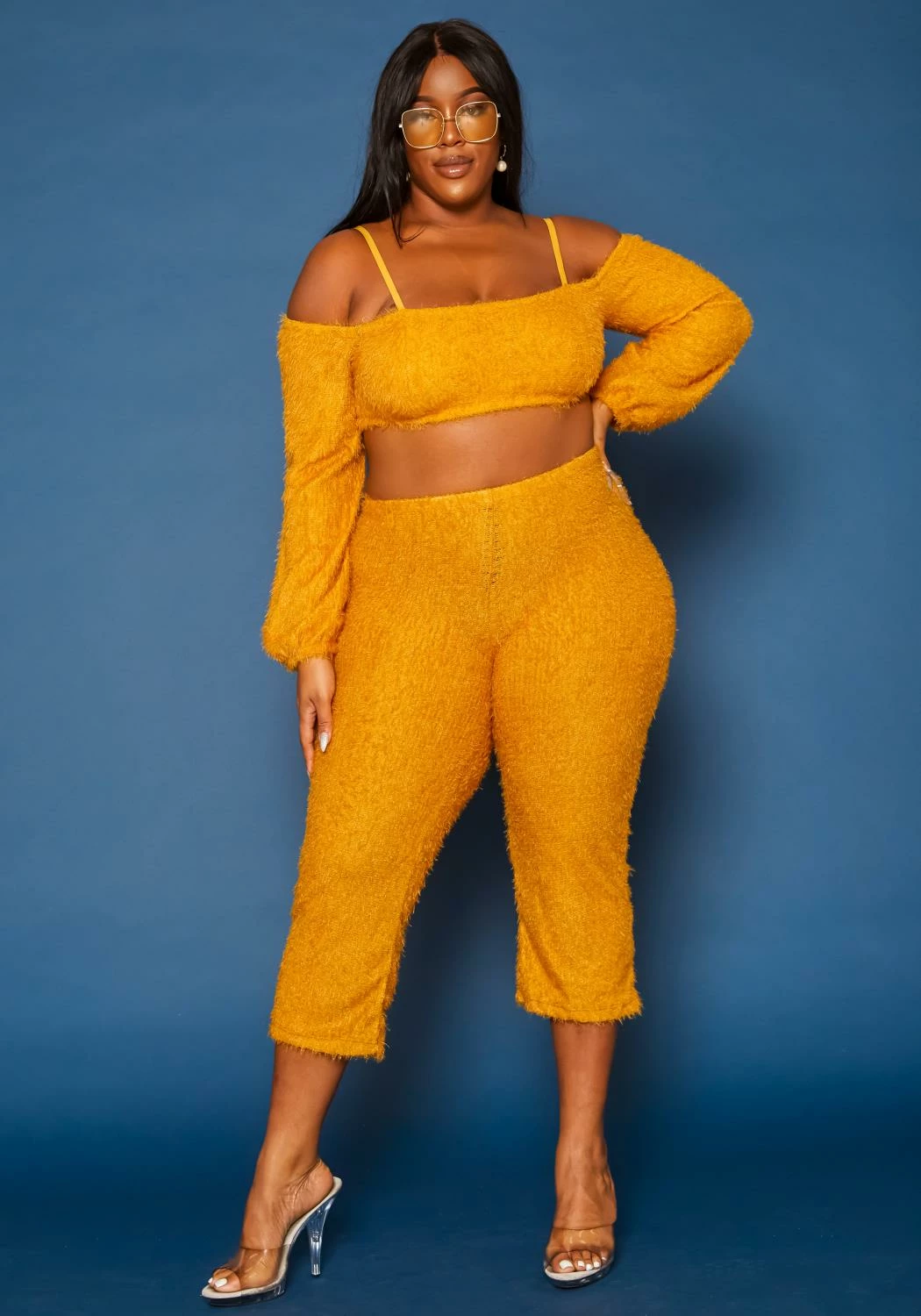 Plus Size Fuzzy Knit Crop Top & Capri Pants Set 2 Plus Size Fuzzy Knit Crop Top & Capri Pants Set - Image 2