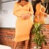 Plus Size Basic Long Sleeve V Neck Midi Dress