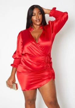Plus Size Mandolin Collar Ruched Satin Mini Dress