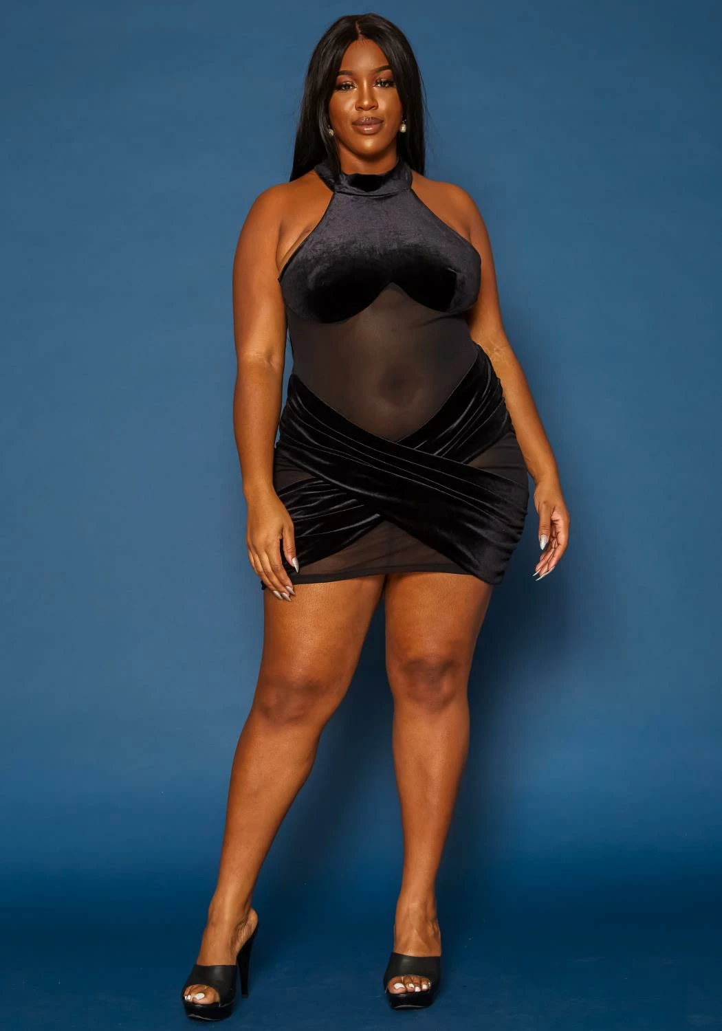 Plus Size Velvet Mesh Contrast Bodycon Mini Dress 2 Plus Size Velvet Mesh Contrast Bodycon Mini Dress - Image 2