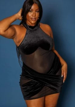 Plus Size Velvet Mesh Contrast Bodycon Mini Dress