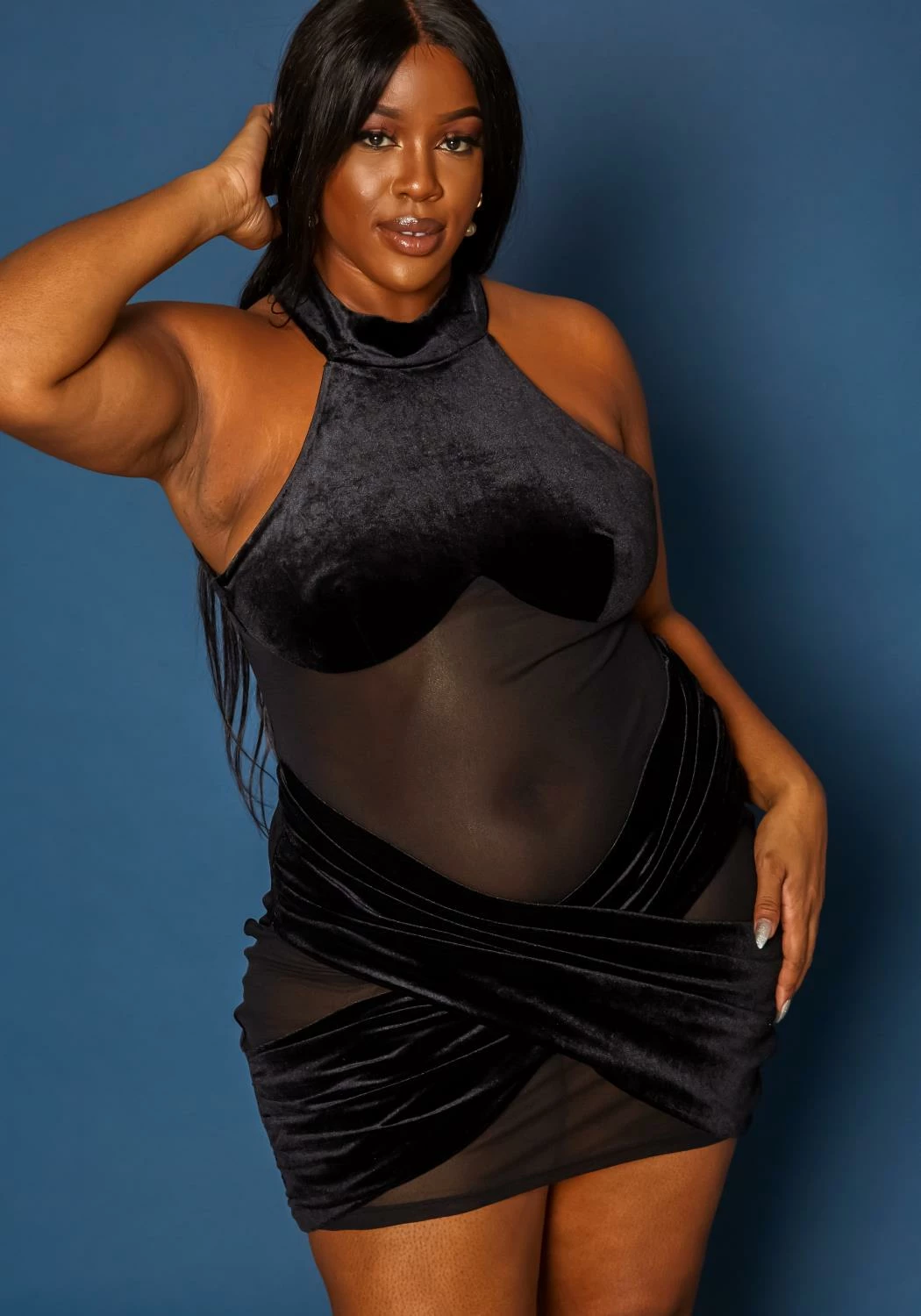 Plus Size Velvet Mesh Contrast Bodycon Mini Dress 1 Plus Size Velvet Mesh Contrast Bodycon Mini Dress