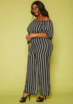 Plus Size Off Shoulder Stripe Jumpsuit -Asoph Sales Shop 2019704 001 2